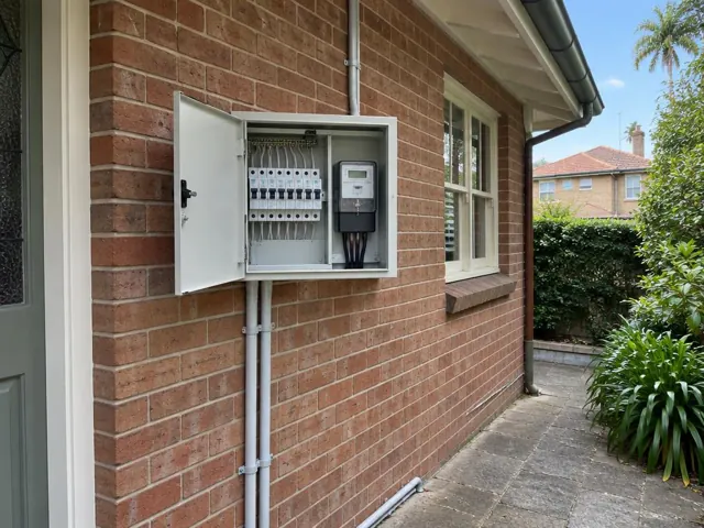Open outdoor switchboard on a brick house wall beside a window and garden path in Bellevue Hill